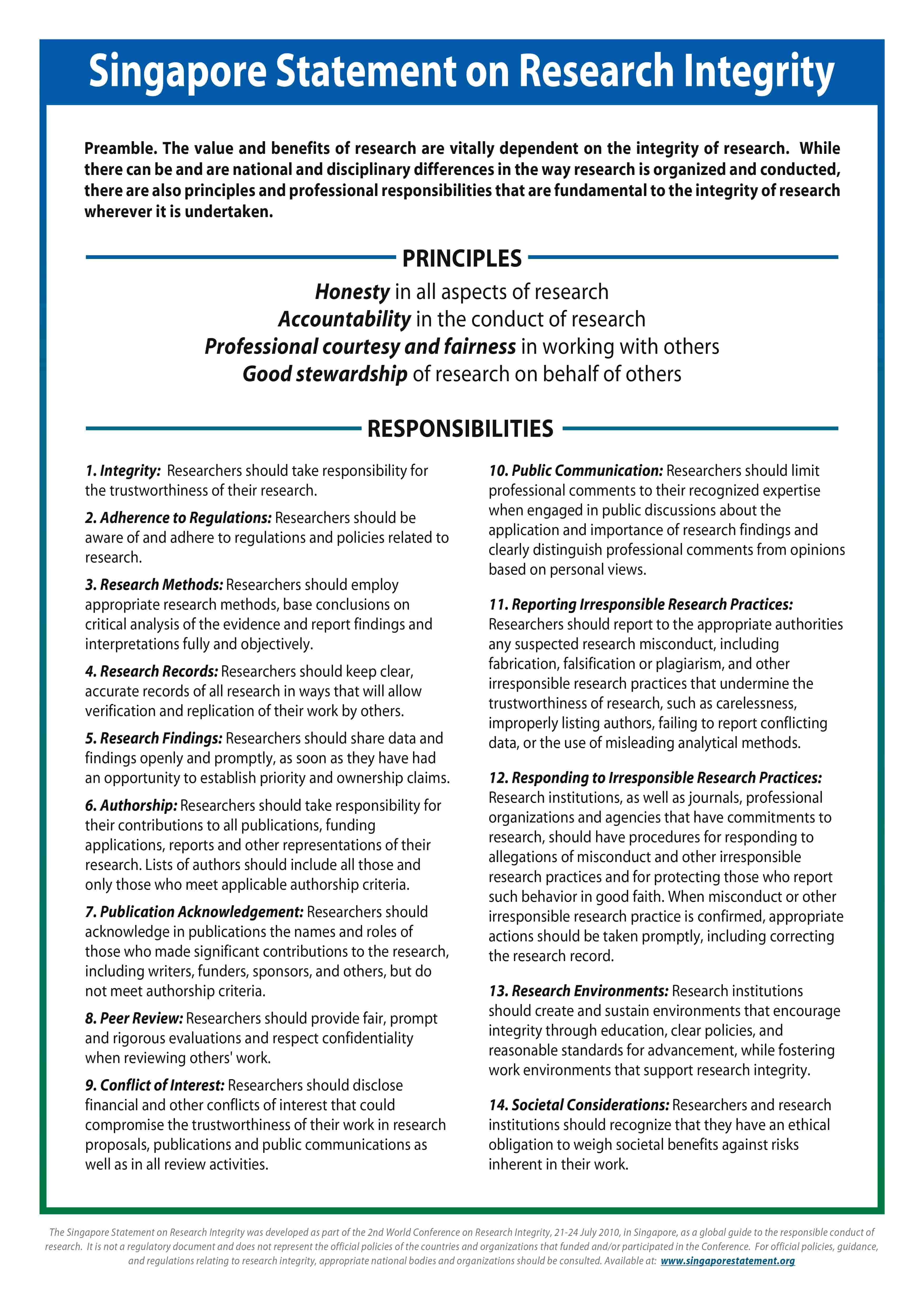 The Singapore Statement on Research Integrity
